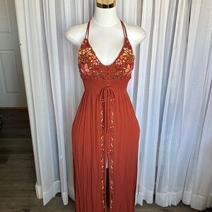 Rust Boho Embroidered Halter Maxi Dress